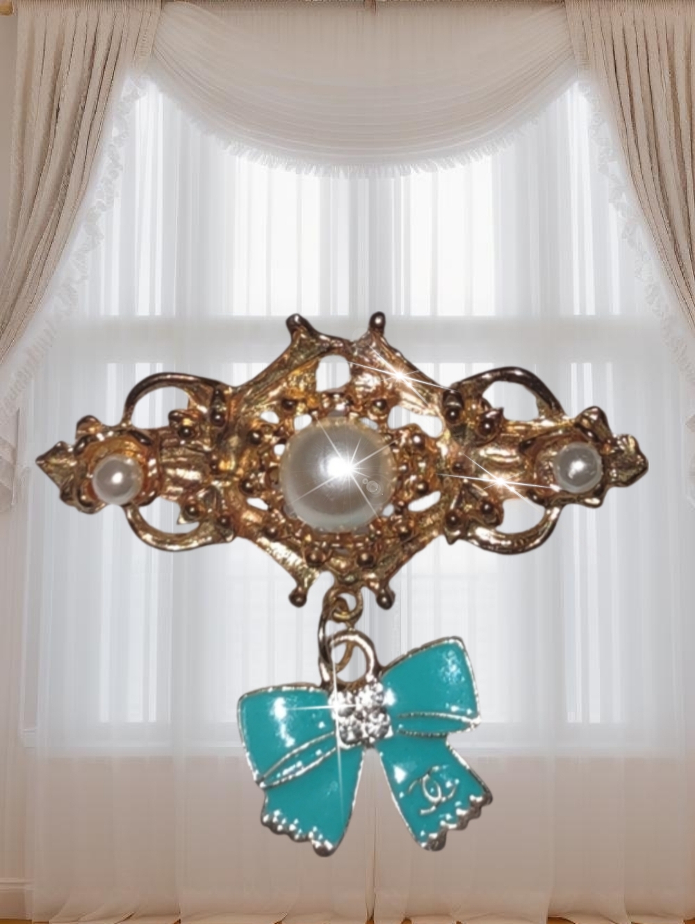 Goldtone Vintage Bar Pin Pearl & Dangling Bow